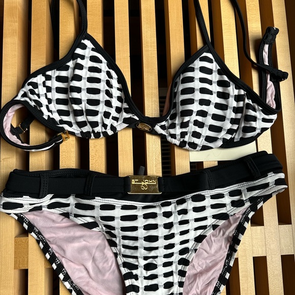 NWT St John Black And White Retro Style Gold Hardware Bikinii 6 top 8 bottom - Picture 4 of 8